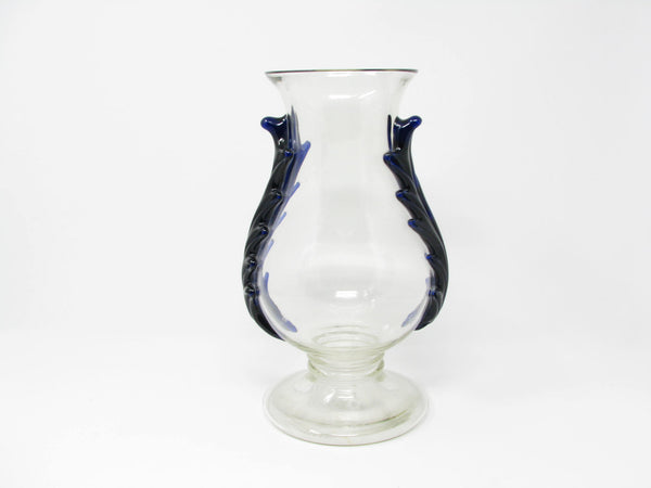 edgebrookhouse - Vintage Bohemian Czech Footed Glass Vase with Applied Cobalt Blue Rigaree