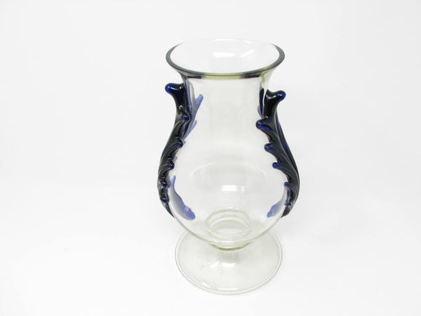 edgebrookhouse - Vintage Bohemian Czech Footed Glass Vase with Applied Cobalt Blue Rigaree