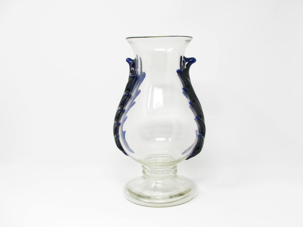 edgebrookhouse - Vintage Bohemian Czech Footed Glass Vase with Applied Cobalt Blue Rigaree