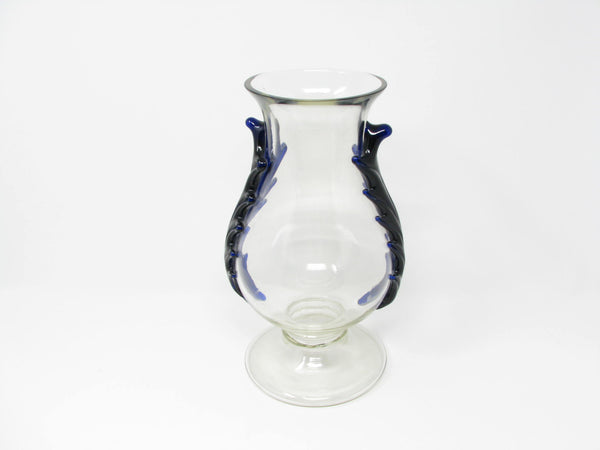 edgebrookhouse - Vintage Bohemian Czech Footed Glass Vase with Applied Cobalt Blue Rigaree