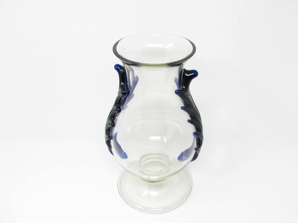 edgebrookhouse - Vintage Bohemian Czech Footed Glass Vase with Applied Cobalt Blue Rigaree
