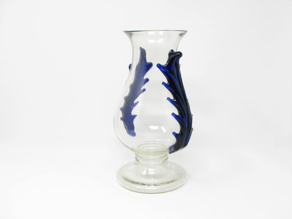 edgebrookhouse - Vintage Bohemian Czech Footed Glass Vase with Applied Cobalt Blue Rigaree