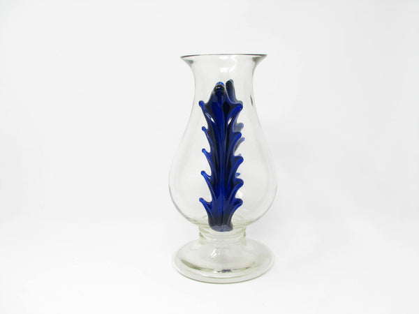 edgebrookhouse - Vintage Bohemian Czech Footed Glass Vase with Applied Cobalt Blue Rigaree