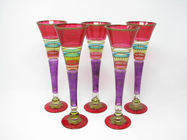 edgebrookhouse - Vintage Bohemian Hand-Painted Multi-Color Champagne Flutes - 5 Pieces