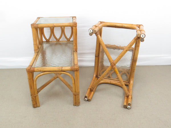 edgebrookhouse - Vintage Boho Chic Bamboo and Wicker Step Up End Tables With Glass Shelves - a Pair