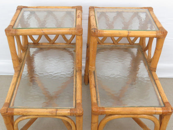 edgebrookhouse - Vintage Boho Chic Bamboo and Wicker Step Up End Tables With Glass Shelves - a Pair
