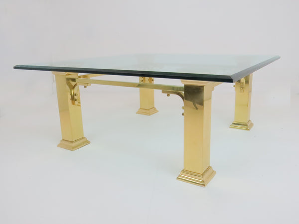 edgebrookhouse - Vintage Brass and Glass Coffee Table With Wide Square Column Legs