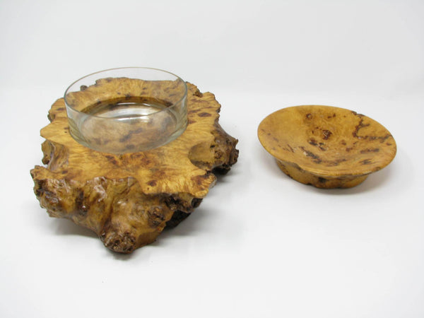 edgebrookhouse - Vintage Burlwood Centerpiece with Inset Glass Candy or Trinket Bowl plus Lid / Small Dish