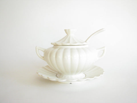 edgebrookhouse - Vintage California Pottery White Tureen with Fluted Underplate and Ladle