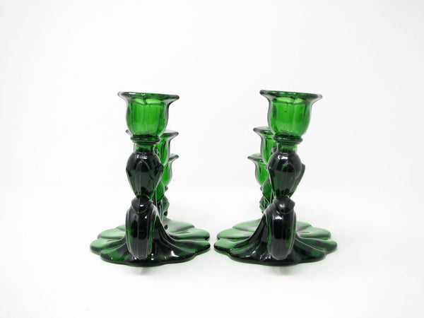 edgebrookhouse - Vintage Cambridge Glass Caprice Emerald Green Three Light Candle Holders / Candelabras - a Pair