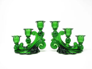 edgebrookhouse - Vintage Cambridge Glass Caprice Emerald Green Three Light Candle Holders / Candelabras - a Pair