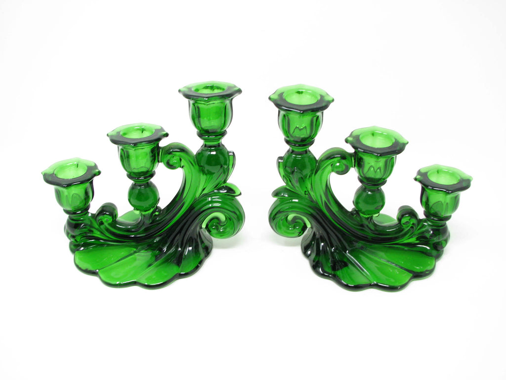 Vintage Cambridge Glass Caprice Emerald Green Three Light Candle