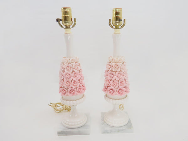edgebrookhouse - Vintage Capodimonte Style Porcelain Flower Cluster Table Lamps With Carrera Marble Base - a Pair