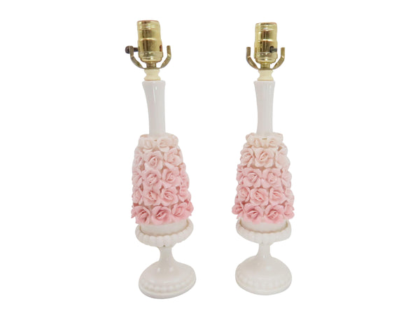 edgebrookhouse - Vintage Capodimonte Style Porcelain Flower Cluster Table Lamps With Carrera Marble Base - a Pair