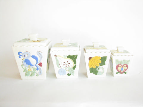 edgebrookhouse - Vintage Ceramic Canister Set with Floral, Fruit, Bird Design and Scalloped Edges - Set of 4