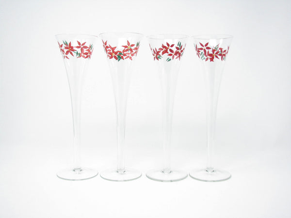 edgebrookhouse - Vintage Champagne Flute Trumpet Glasses with Hollow Stems & Poinsettia Design - Set of 4