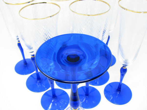 edgebrookhouse - Vintage Christian D'ior Azure Royal Crystal Champagne Flutes with Ribbed Swirl Bowl and Cobalt Blue Foot - 11 Pieces