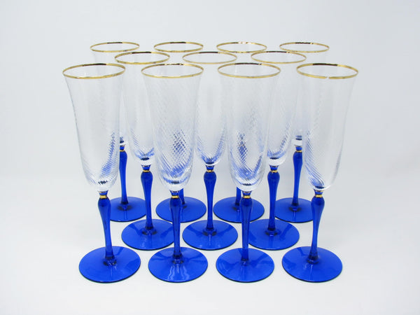 edgebrookhouse - Vintage Christian D'ior Azure Royal Crystal Champagne Flutes with Ribbed Swirl Bowl and Cobalt Blue Foot - 11 Pieces