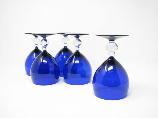 edgebrookhouse - Vintage Cobalt Blue Crystal Goblets Glasses with Double Ball Stem - Set of 5