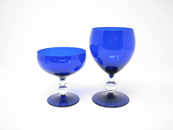 edgebrookhouse - Vintage Cobalt Blue Crystal Goblets Glasses with Double Ball Stem - Set of 5