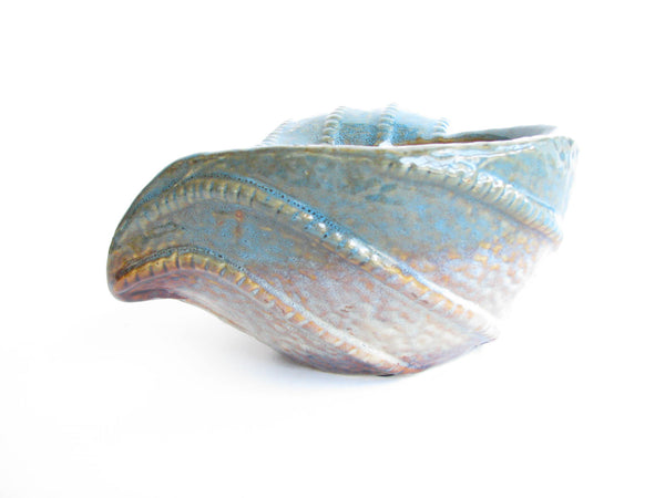 edgebrookhouse - Vintage Conch Shell Shaped Turquoise Brown Pottery Planter