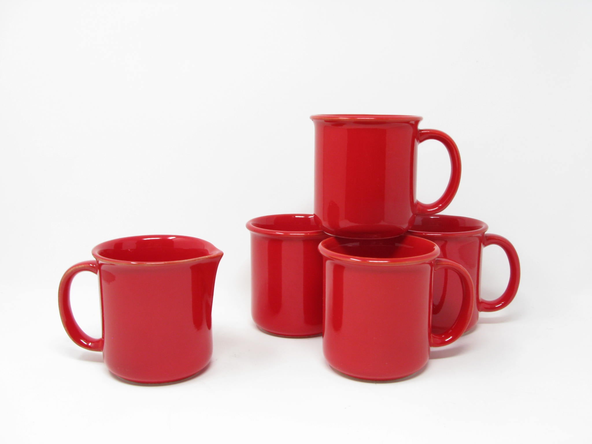 edgebrookhouse - Vintage Crown Corning Japan Prego Red Ceramic Mugs and Creamer - 5 Pieces