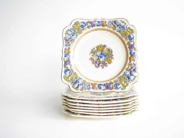 edgebrookhouse - Vintage Crown Ducal Colorful Florentine Embossed Square Salad Plates - Set of 8