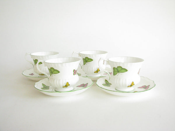 edgebrookhouse - Vintage Crown Staffordshire Scalloped Porcelain Butterfly Cups & Saucers - Set of 4
