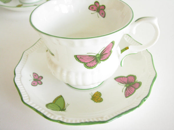 edgebrookhouse - Vintage Crown Staffordshire Scalloped Porcelain Butterfly Cups & Saucers - Set of 4