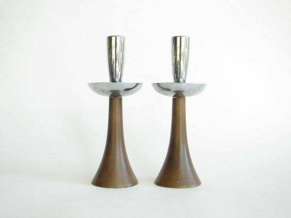 edgebrookhouse - Vintage Danish Modern Style Wood and Stainless Steel Candle Holders - a Pair