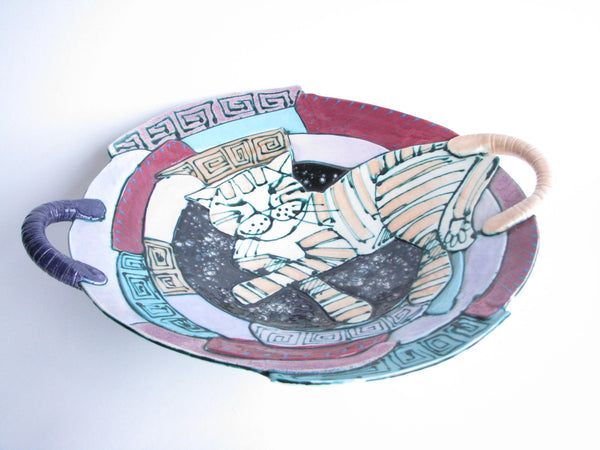 edgebrookhouse - Vintage Art Deco Style Cubist Art Pottery Bowl / Platter With Cat and Greek Key Design
