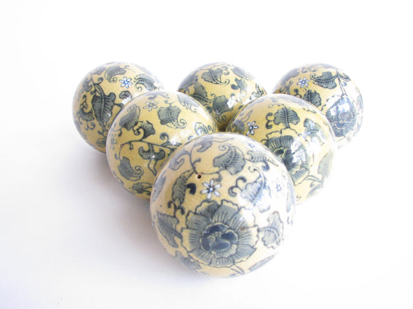 edgebrookhouse - Vintage Decorative Ceramic Balls with Blue Gold Floral Motif - Set of 6
