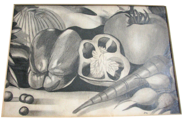 edgebrookhouse - Vintage Detailed Still Life Pencil Sketch of Vegetables in Brushed Brass Frame
