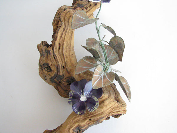 edgebrookhouse - Vintage Driftwood and Painted Metal Tole Flowers and Hummingbird Art