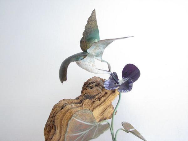 edgebrookhouse - Vintage Driftwood and Painted Metal Tole Flowers and Hummingbird Art