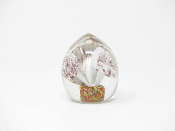 edgebrookhouse - Vintage Egg Shaped Glass Paperweight with Multicolor Base and Trumpet Flowers or Mushrooms