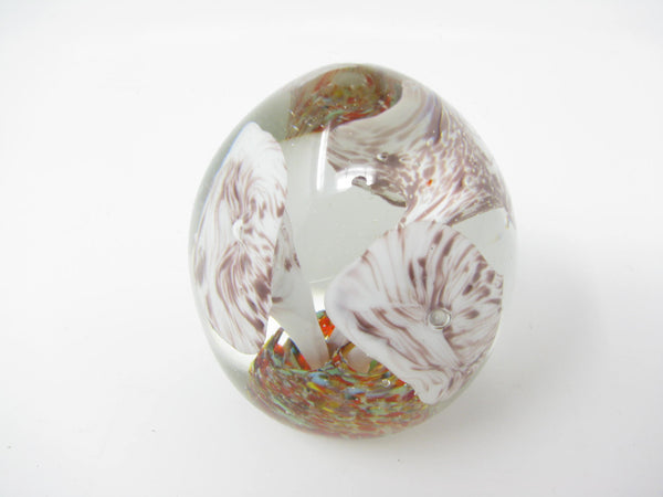 edgebrookhouse - Vintage Egg Shaped Glass Paperweight with Multicolor Base and Trumpet Flowers or Mushrooms