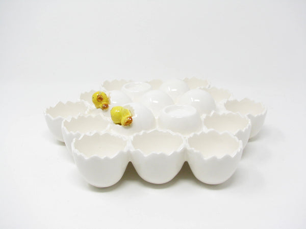 edgebrookhouse - Vintage Enesco White Ceramic Easter Egg Holder Dish Centerpiece with 2 Chicks