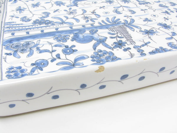 edgebrookhouse - Vintage Estrela de Conimbriga Portugal Pottery Tray with Hand-Painted Blue White Fauna & Flora Design