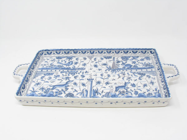 edgebrookhouse - Vintage Estrela de Conimbriga Portugal Pottery Tray with Hand-Painted Blue White Fauna & Flora Design