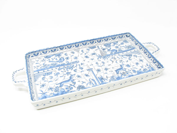 edgebrookhouse - Vintage Estrela de Conimbriga Portugal Pottery Tray with Hand-Painted Blue White Fauna & Flora Design