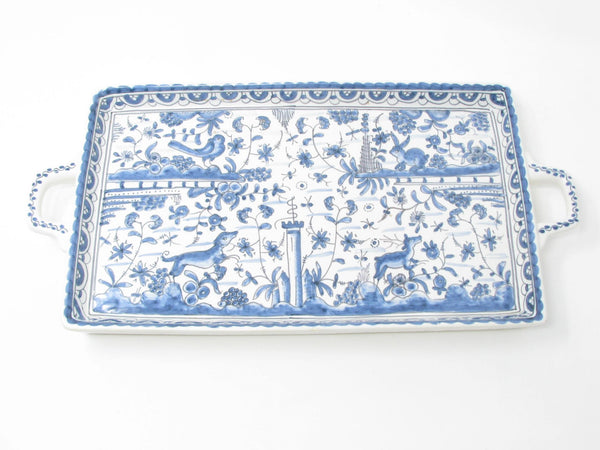 edgebrookhouse - Vintage Estrela de Conimbriga Portugal Pottery Tray with Hand-Painted Blue White Fauna & Flora Design