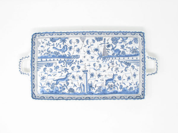 edgebrookhouse - Vintage Estrela de Conimbriga Portugal Pottery Tray with Hand-Painted Blue White Fauna & Flora Design