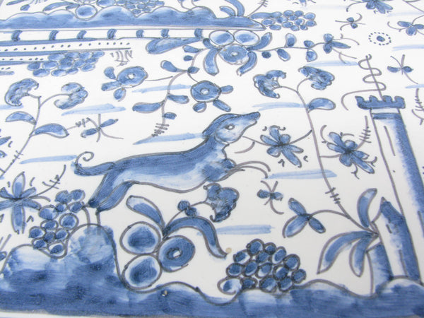 edgebrookhouse - Vintage Estrela de Conimbriga Portugal Pottery Tray with Hand-Painted Blue White Fauna & Flora Design