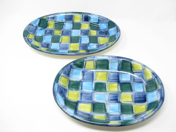 edgebrookhouse - Vintage Fajans Polish Pottery Ceramic Serving Dishes with Blue Green Plaid Pattern - 7 Pieces