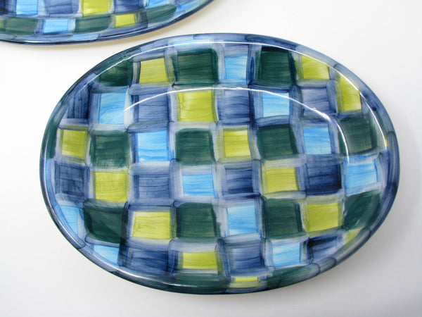 edgebrookhouse - Vintage Fajans Polish Pottery Ceramic Serving Dishes with Blue Green Plaid Pattern - 7 Pieces