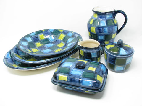 edgebrookhouse - Vintage Fajans Polish Pottery Ceramic Serving Dishes with Blue Green Plaid Pattern - 7 Pieces