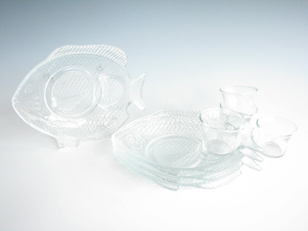 edgebrookhouse - Vintage Fish Shaped Glass Snack Plates with Glass Condiment Cups - 8 Pieces