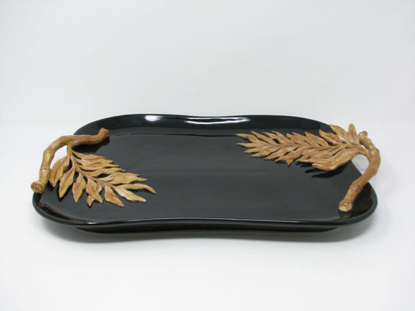 edgebrookhouse - Vintage Fitz & Floyd Black Glazed Earthenware Tray with Palm Leaf Design