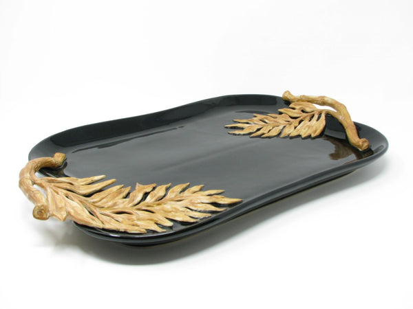 edgebrookhouse - Vintage Fitz & Floyd Black Glazed Earthenware Tray with Palm Leaf Design
